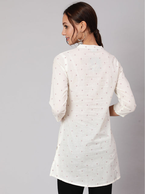 Women White Printed Straight Tunic With Three Quarter Sleeves