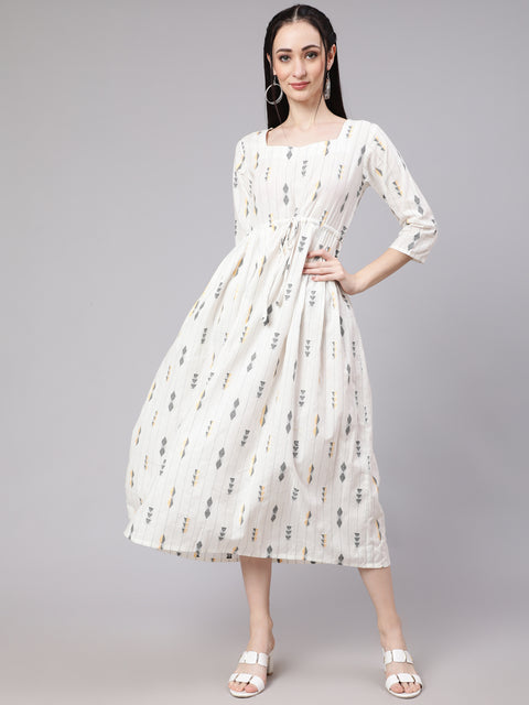 Women White Geometric Printed Flared Dress