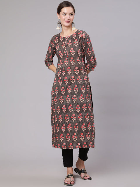Women Grey Printed Straight Kurta With Three Quarter Sleeves
