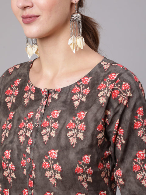 Women Grey Printed Straight Kurta With Three Quarter Sleeves
