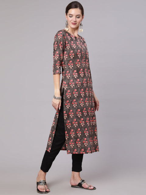 Women Grey Printed Straight Kurta With Three Quarter Sleeves