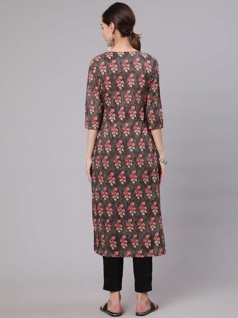 Women Grey Printed Straight Kurta With Three Quarter Sleeves