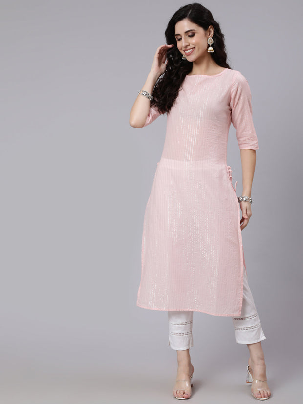Women Pink Color With Silver Stripe Solid Straight Kurta