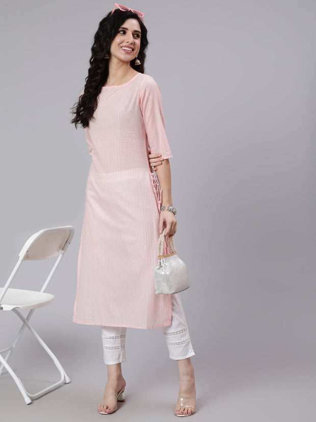 Women Pink Color With Silver Stripe Solid Straight Kurta