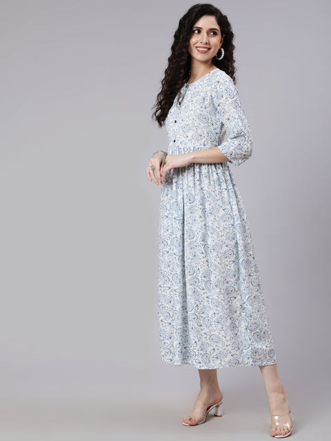 Women White Ethnic Printed Flared Dress With Round Neck