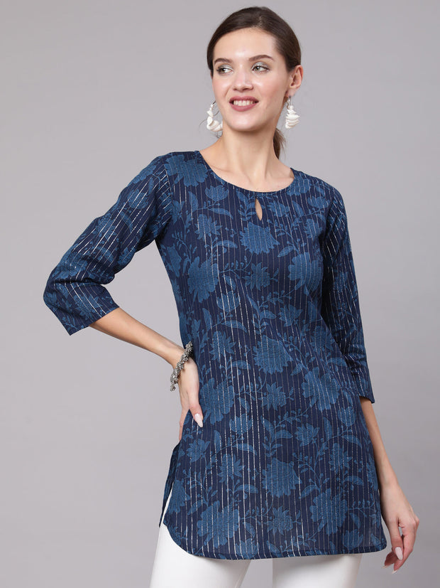 Women Navy Blue Floral Printed Straight Tunic