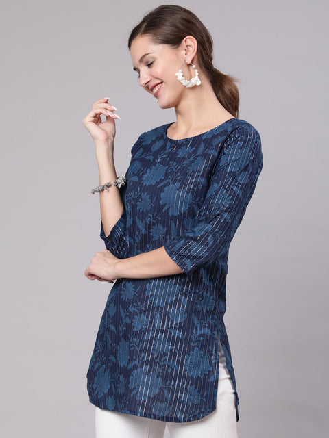 Women Navy Blue Floral Printed Straight Tunic