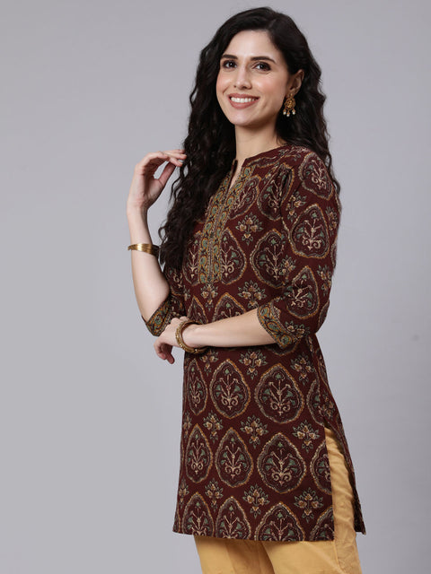 Women Brown Ethnic Printed Straight Tunic With Three Quarter Sleeves