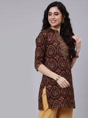 Women Brown Ethnic Printed Straight Tunic With Three Quarter Sleeves