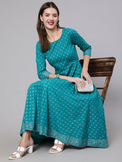 Women Green Ethnic Printed Dress With Three Quarter Sleeves