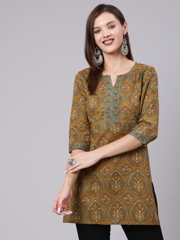 Women Green Ethnic Printed Straight Tunic With Three Quarter Sleeves