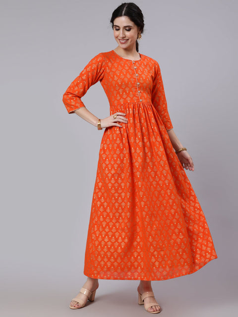 Women Orange Ethnic Printed Gratherd Dress