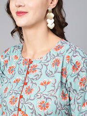 Women Green Floral Printed Flared Dress With Three Quarter Sleeves