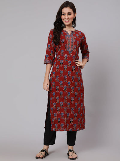 Women Maroon Ethnic Printed Straight Kurta With Three Quarter Sleeves