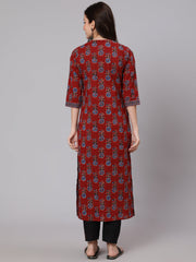 Women Maroon Ethnic Printed Straight Kurta With Three Quarter Sleeves