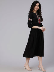 Women Black Solid Embroidered Yoke Design Dress