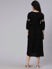 Women Black Solid Embroidered Yoke Design Dress