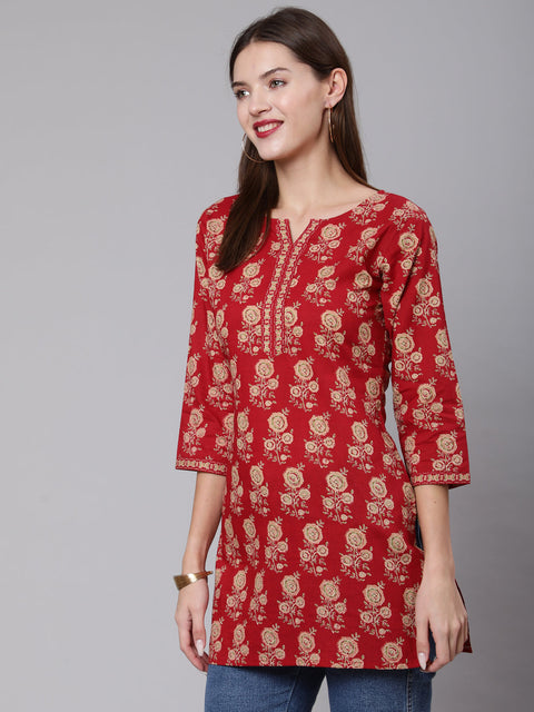 Women Red Ethnic Printed Straight Tunic With Three Quarter Sleeves