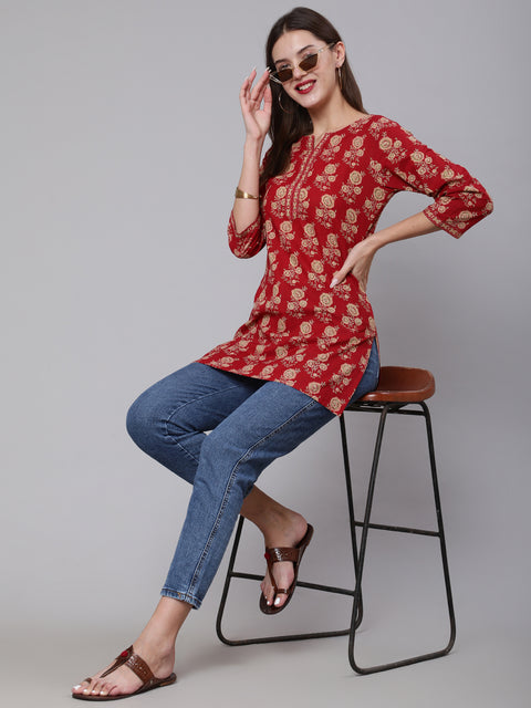 Women Red Ethnic Printed Straight Tunic With Three Quarter Sleeves