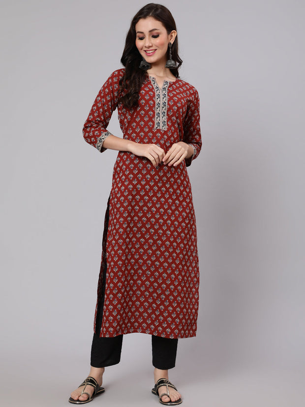 Women Maroon Ethnic Printed Straight Kurta With Three Quarter Sleeves