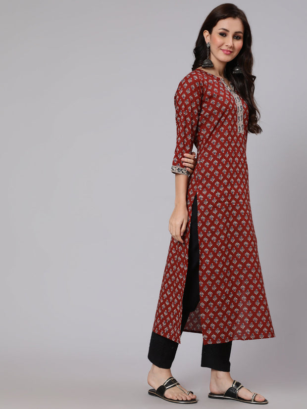 Women Maroon Ethnic Printed Straight Kurta With Three Quarter Sleeves