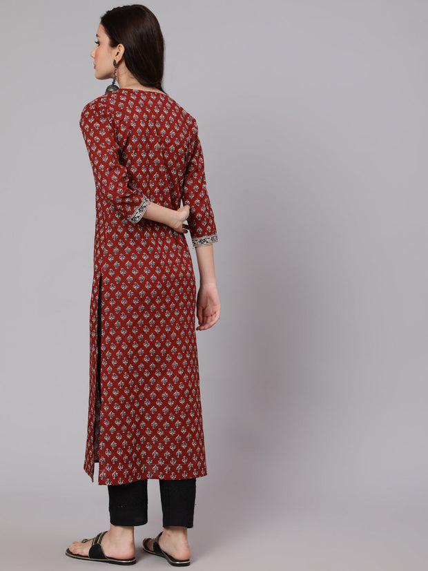 Women Maroon Ethnic Printed Straight Kurta With Three Quarter Sleeves