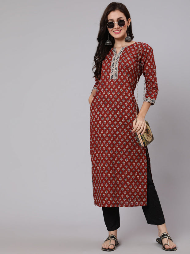 Women Maroon Ethnic Printed Straight Kurta With Three Quarter Sleeves