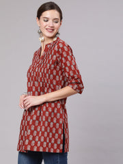 Women Maroon Ethnic Printed Straight Tunic With Three Quarter Sleeves