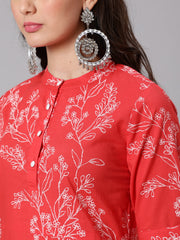 Women Red Floral Printed Straight Kurta With Three Quarter Sleeves