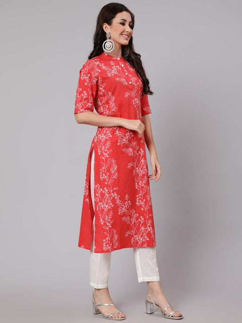 Women Red Floral Printed Straight Kurta With Three Quarter Sleeves
