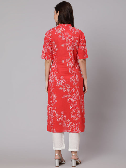 Women Red Floral Printed Straight Kurta With Three Quarter Sleeves