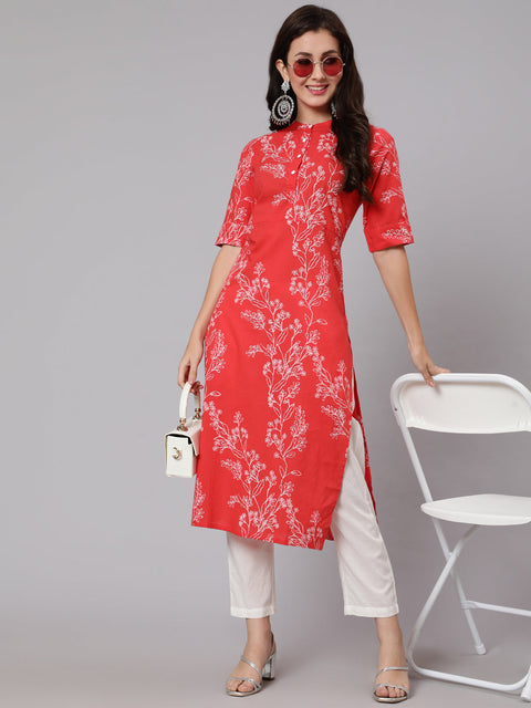 Women Red Floral Printed Straight Kurta With Three Quarter Sleeves