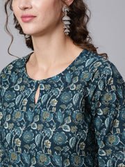 Women Teal Blue Printed straight kurta with three quarter sleeves