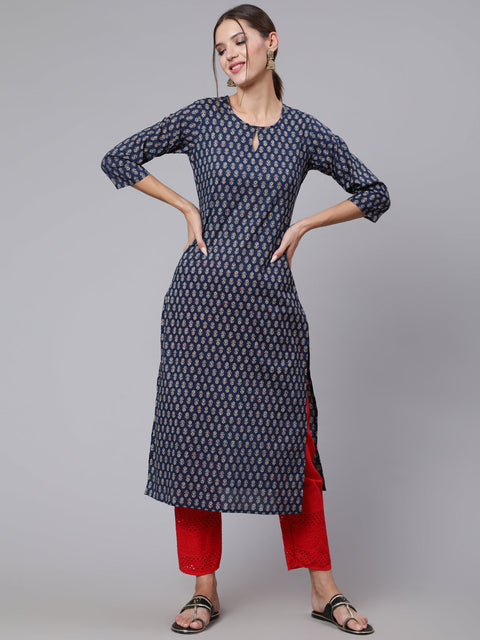 Women Blue Printed straight kurta with three quarter sleeves