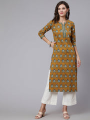 Women Yellow Printed straight kurta with three quarter sleeves
