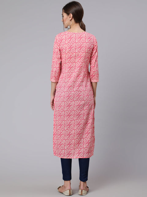 Women Pink Printed straight kurta with three quarter sleeves