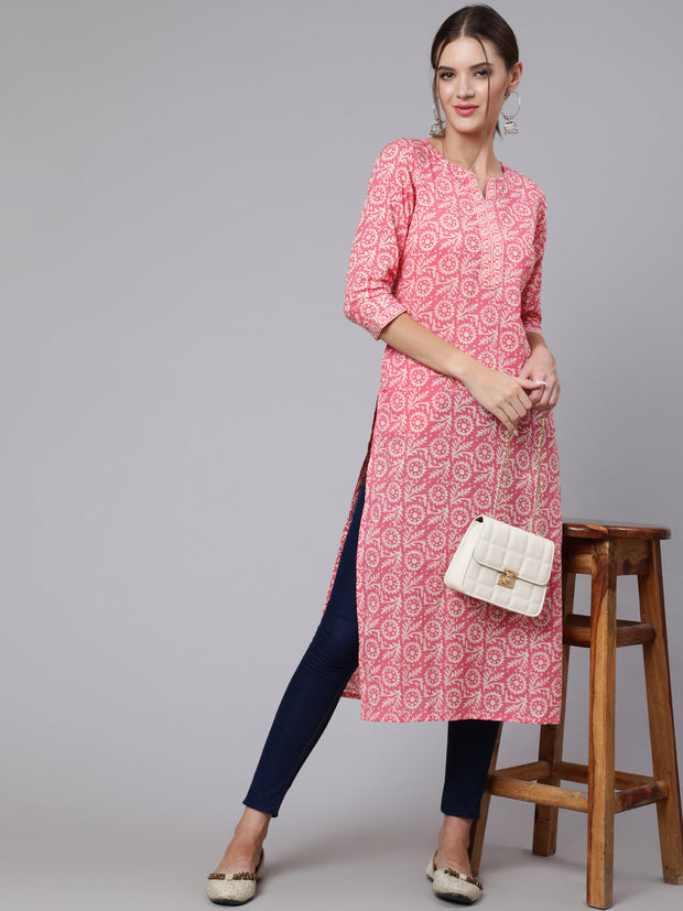 Women Pink Printed straight kurta with three quarter sleeves