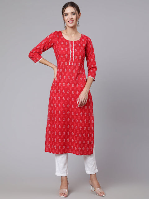 Women Red Printed straight kurta with three quarter sleeves