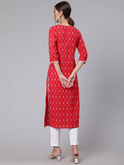Women Red Printed straight kurta with three quarter sleeves
