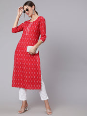 Women Red Printed straight kurta with three quarter sleeves