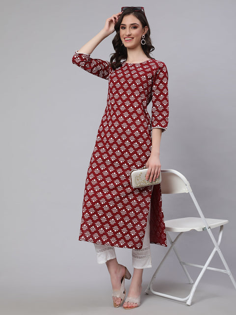 Women Maroon Printed Straight Kurta With Three Quarter Sleeves