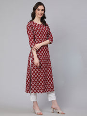 Women Maroon Printed Straight Kurta With Three Quarter Sleeves