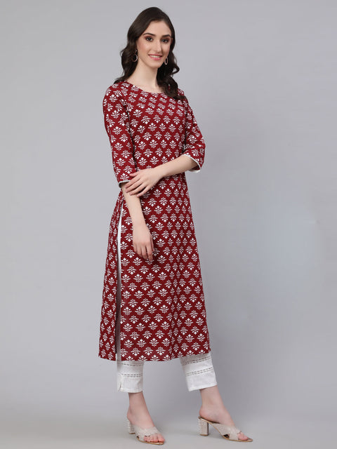 Women Maroon Printed Straight Kurta With Three Quarter Sleeves