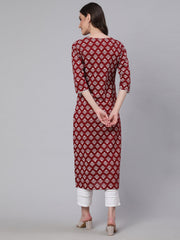 Women Maroon Printed Straight Kurta With Three Quarter Sleeves