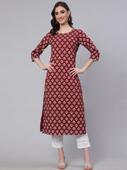 Women Maroon Printed Straight Kurta With Three Quarter Sleeves