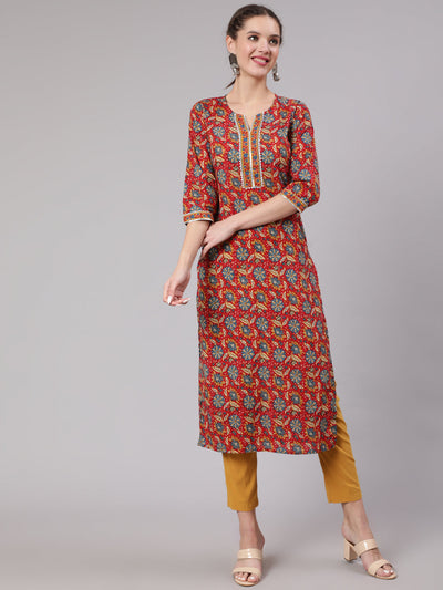 Women Red Printed Straight Kurta With Three Quarter Sleeves