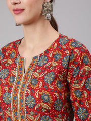 Women Red Printed Straight Kurta With Three Quarter Sleeves