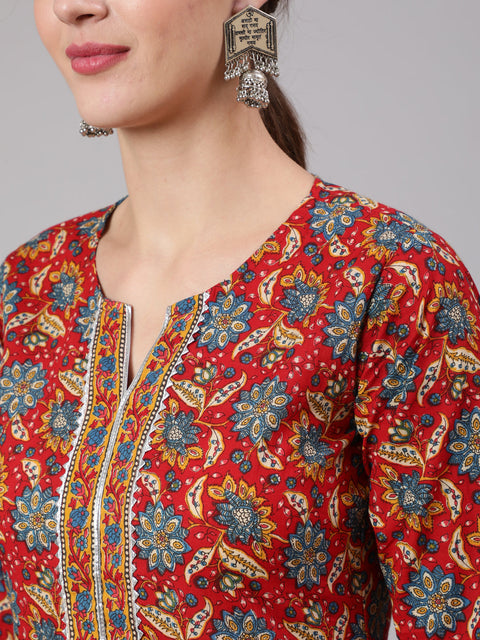 Women Red Printed Straight Kurta With Three Quarter Sleeves