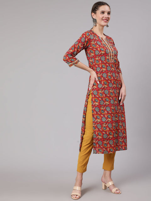 Women Red Printed Straight Kurta With Three Quarter Sleeves