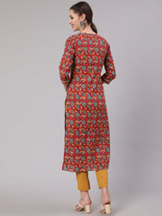 Women Red Printed Straight Kurta With Three Quarter Sleeves